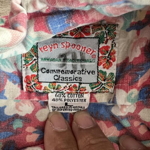 Reyn Spooner Shirt Mens Large Hawaiian Floral Vintage Aloha Casual Pink Blue - Picture 8 of 12
